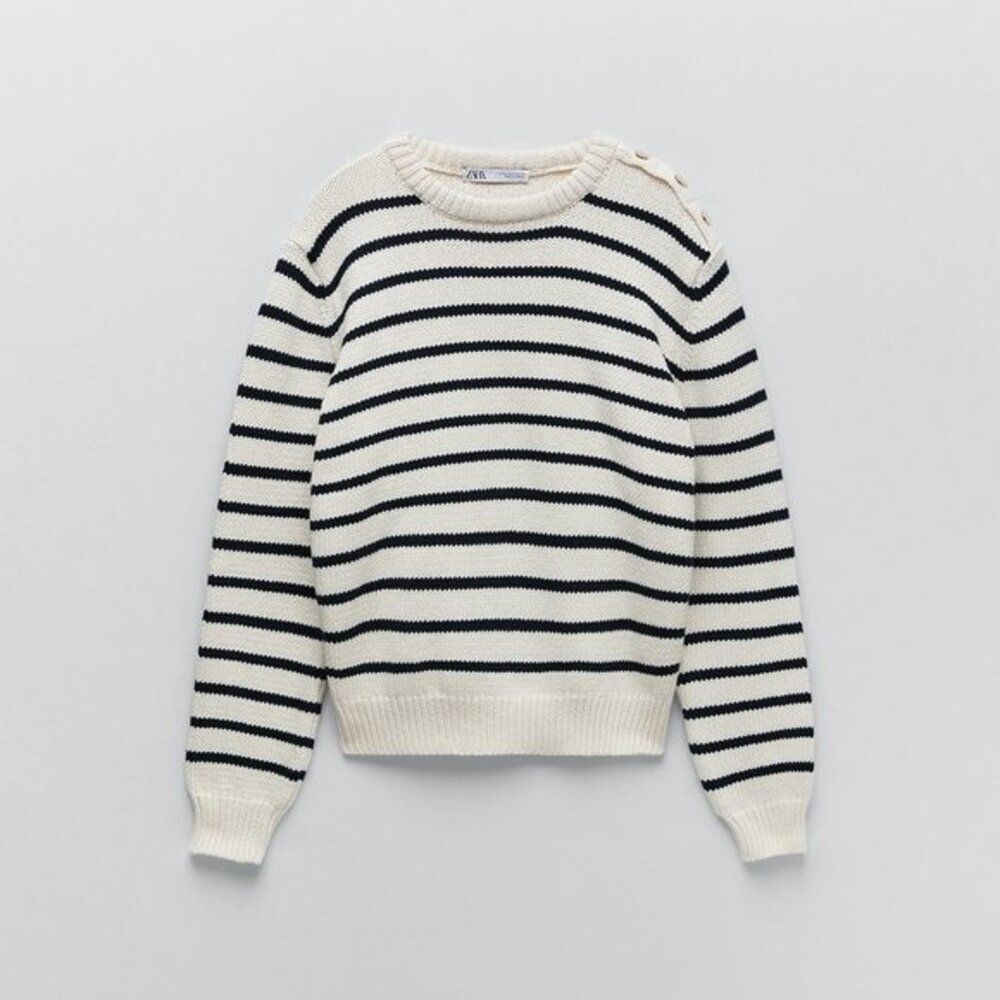 Striped Zara Faux Button-Shoulder Crewneck Long Sleeve Knit Sweater (NWT)